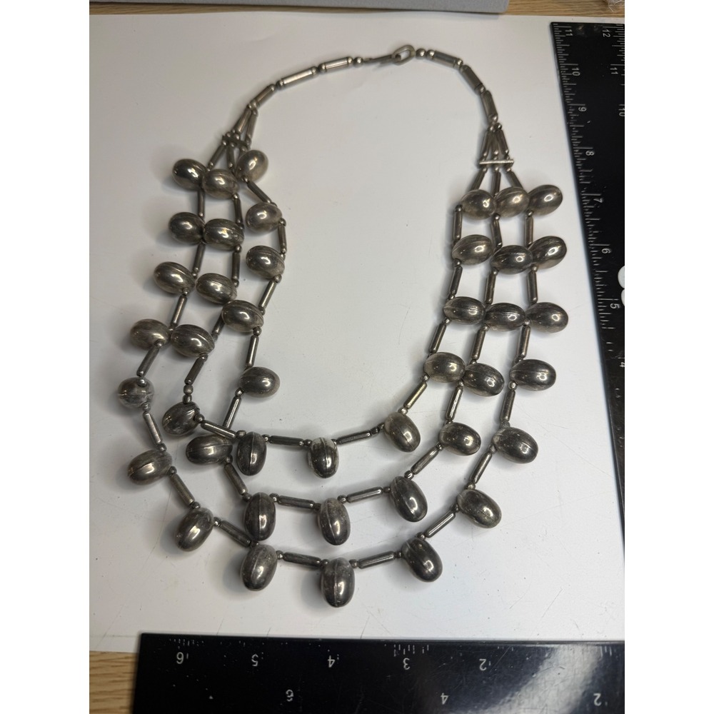Silver Tone Art Deco Triple Strand Statement Necklace 21 Inch 101.4g